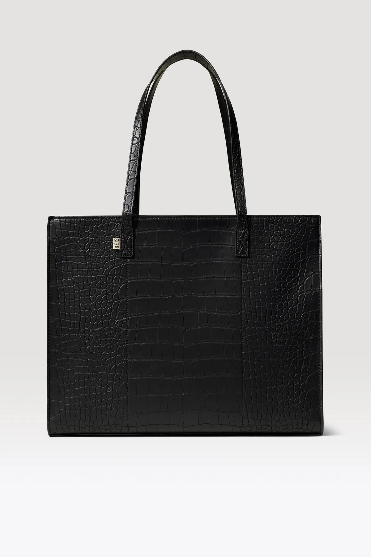 Béis large croc embossed work tote with laptop compartment in black croc, front view