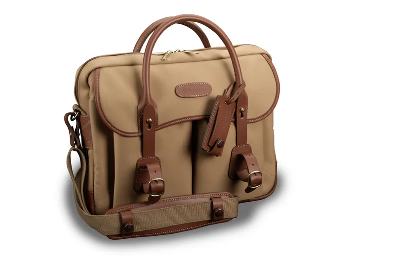 Billingham Thomas leather laptop bag in khaki canvas with tan leather