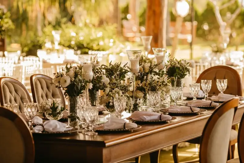 Wedding reception table setting showing catering and linen details to confirm in the contract