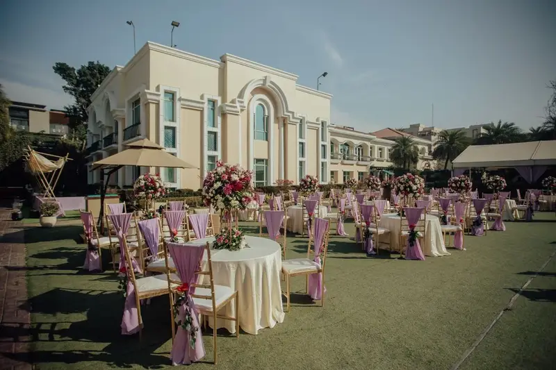Outdoor wedding reception setup showing ceremony and seating layout to compare on tours