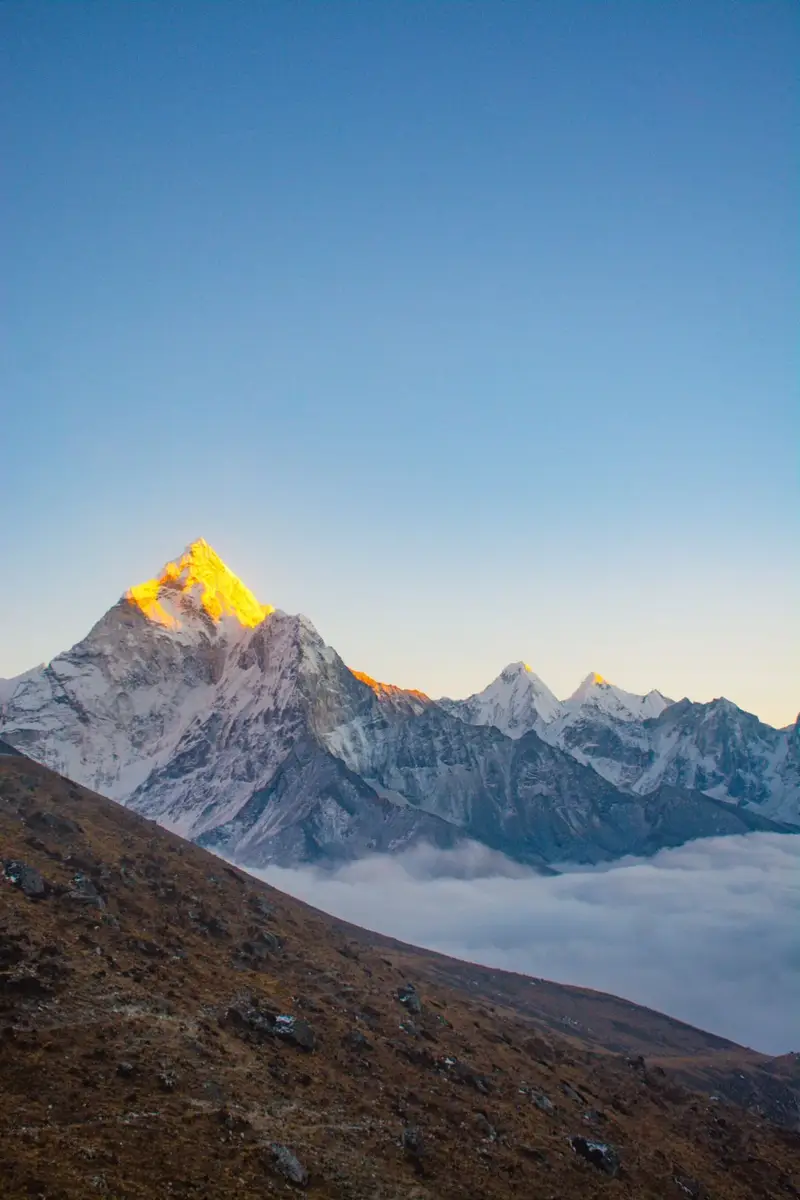 Sunrise over Himalayan peaks in Dingboche Nepal on the south side where is everest trekkers walk