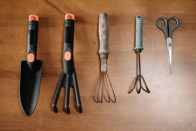 Used garden hand tools arranged on a wooden surface, sorted for donation